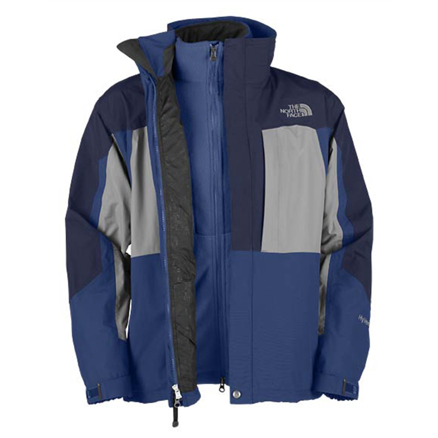the north face trinity triclimate jacket basin blue empire blue alloy grey
