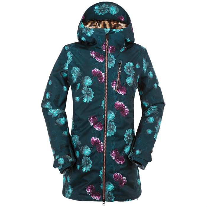 volcom astrid gore tex jacket women s peony print emerald green front