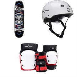 Element Hatched Red Blue 7.75 Skateboard Complete ​+ Pro-Tec Classic Skate Skateboard Helmet ​+ Street Gear Junior Open Back Skateboard Pads