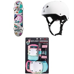 Element Off The Charts 7.75 Skateboard Complete ​+ Triple 8 Sweatsaver Liner Skateboard Helmet ​+ Saver Series Color Collection Junior Skateboard Pad Set