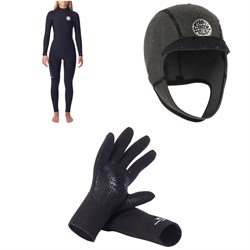 Rip Curl 5​/3 Dawn Patrol Back Zip Wetsuit - Women's ​+ Dawn Patrol Wetsuit Hood ​+ 3mm Dawn Patrol Wetsuit Gloves