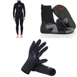 Rip Curl 5​/4 Dawn Patrol Chest Zip Hooded Wetsuit - Women's ​+ 5mm Dawn Patrol Round Toe Boots ​+ 3mm Dawn Patrol Wetsuit Gloves