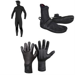 O'Neill 4​/3​+ Hyperfreak Chest Zip Hooded Wetsuit ​+ 3​/2 Psycho Tech Split Toe Wetsuit Boots ​+ 3mm Psycho Tech Gloves