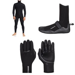 Quiksilver 4​/3 Everyday Sessions Chest Zip Hooded Wetsuit ​+ 3mm Everyday Sessions Round Toe Wetsuit Boots ​+ 3mm Marathon Sessions 5 Finger Wetsuit Gloves
