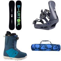 Burton Instigator Flat Top Snowboard ​+ Freestyle Snowboard Bindings ​+ Moto Boa Snowboard Boots ​+ Space Sack Snowboard Bag 2023