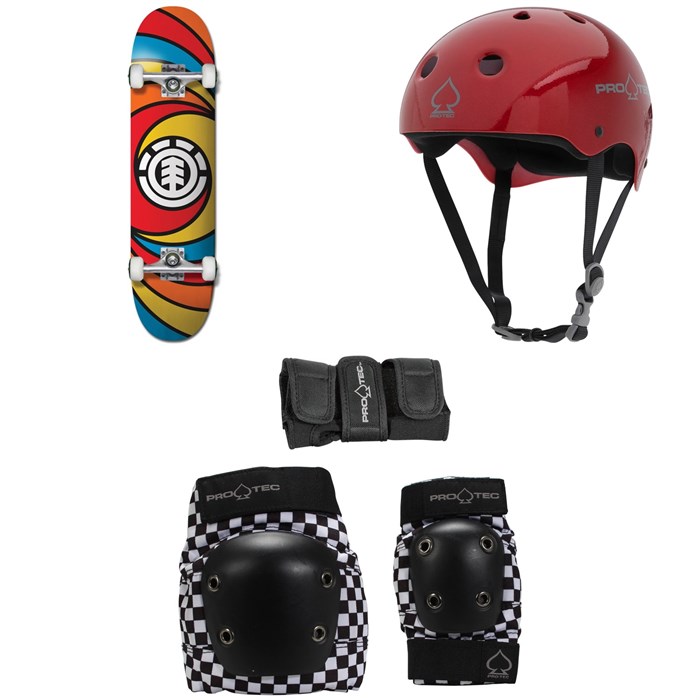 Element - Yang 7.875 Skateboard Complete + Pro-Tec Classic Skate Skateboard Helmet + Pro-Tec Street Gear Junior Skateboard Pads