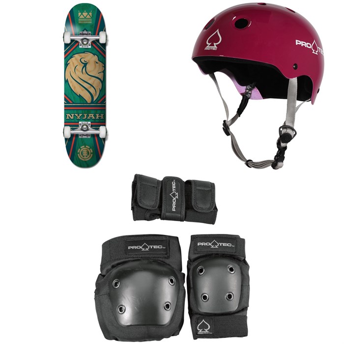 Element - Nyjah Monarch 7.75 Skateboard Complete + Pro-Tec Classic Skate Skateboard Helmet + Pro-Tec Street Gear Junior Skateboard Pads