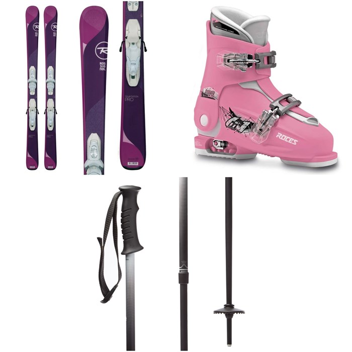 Rossignol - Temptation Pro Skis + Kid X 4 Bindings - Girls' + Roces Idea Adjustable Alpine Ski Boots (19-22) - Kids' + evo Lil Send'r Adjustable Ski Poles - Little Kids'