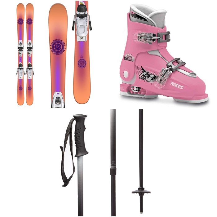 K2 - Missconduct Jr Skis + Marker 4.5 FDT Bindings - Little Girls' + Roces Idea Adjustable Alpine Ski Boots (19-22) - Kids' + evo Lil Send'r Adjustable Ski Poles - Little Kids'