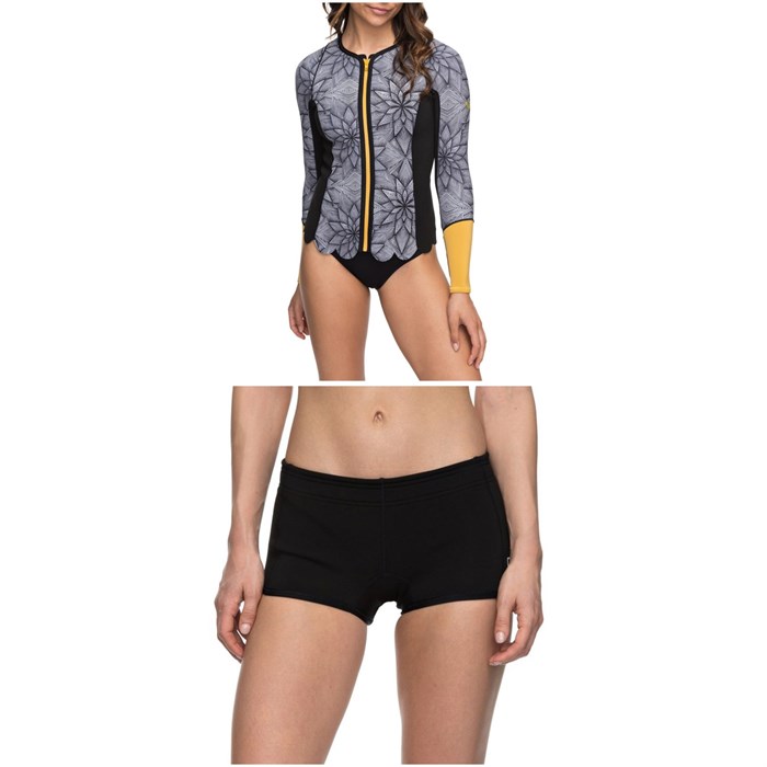 Roxy - 1mm Pop Surf Front Zip Scallop Wetsuit Jacket - Women's + Roxy 1mm Syncro Reef Shorts - Women's