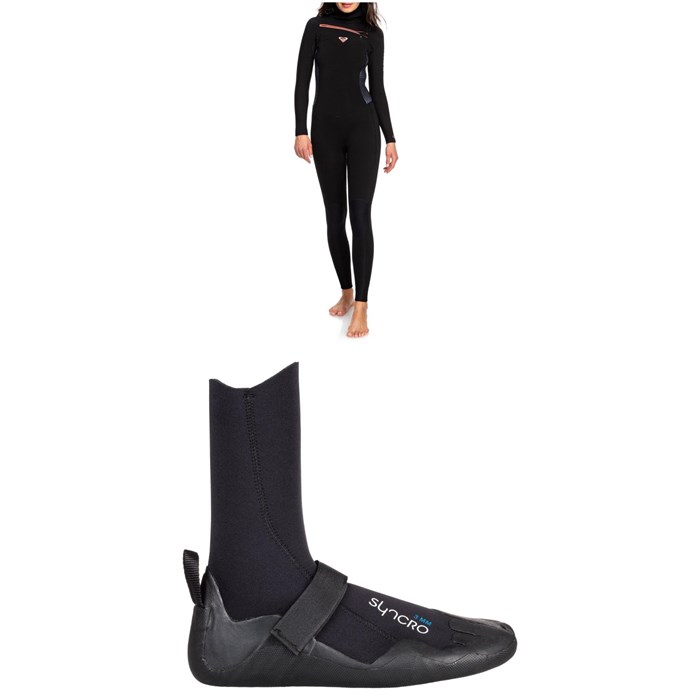 Roxy - 5/4/3 Syncro Chest Zip GBS Hooded Wetsuit - Women's + Roxy Syncro 5mm Round Toe Wetsuit Boots - Women's