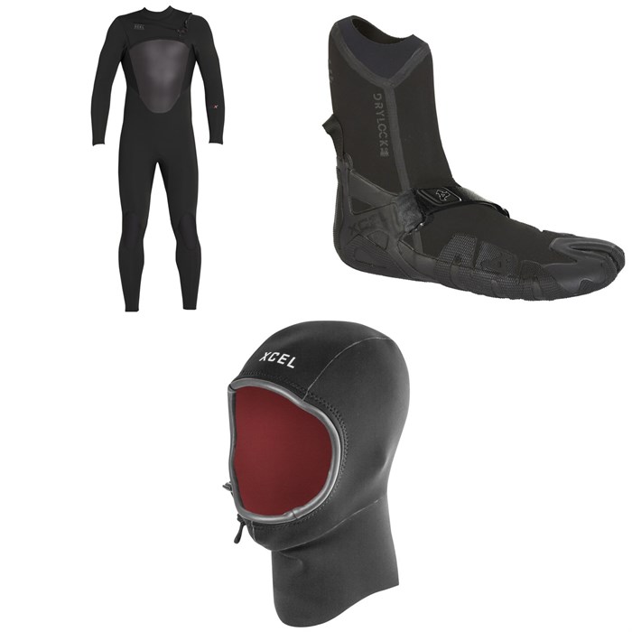 XCEL - 4/3 Axis X Wetsuit + 3mm Drylock Split Toe Boots + 2mm Infiniti Comp Thermo Lite Hood