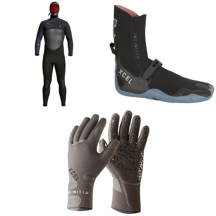 XCEL - 5/4 Infiniti Hooded Wetsuit + Infiniti 5mm Round Toe Wetsuit Boots + Infiniti 5-Finger 3mm Wetsuit Gloves