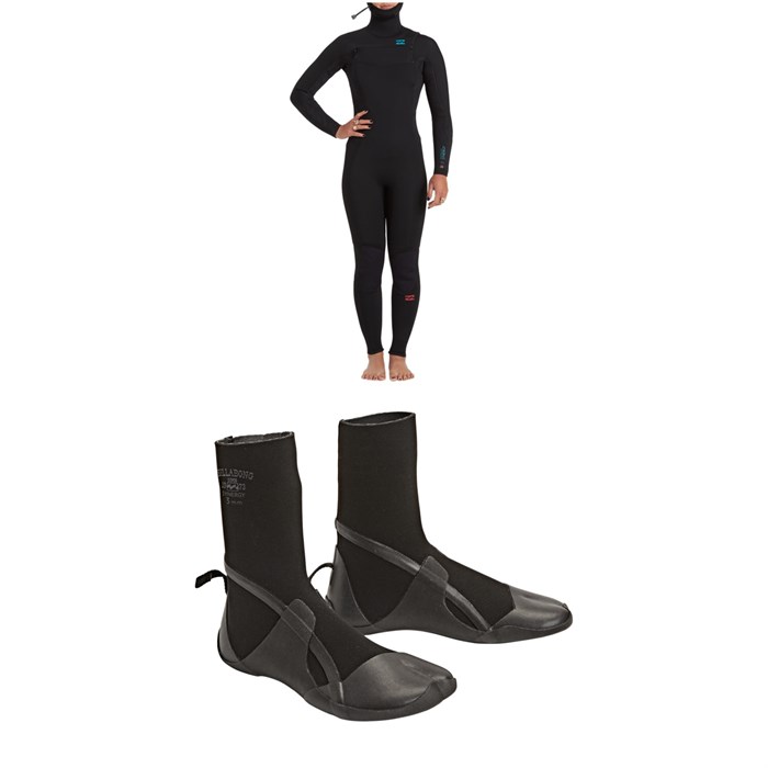 Billabong - 5/4 Synergy Chest Zip Hooded Wetsuit + 5mm Synergy HT Split Toe Wetsuit Boots - Women's