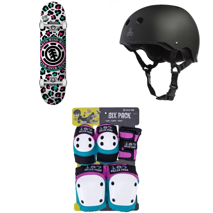 Element - Leopard Party 7.7 Skateboard Complete + Triple 8 Sweatsaver Liner Skateboard Helmet + 187 Junior Six Pack Skateboard Pad Set - Little Kids'