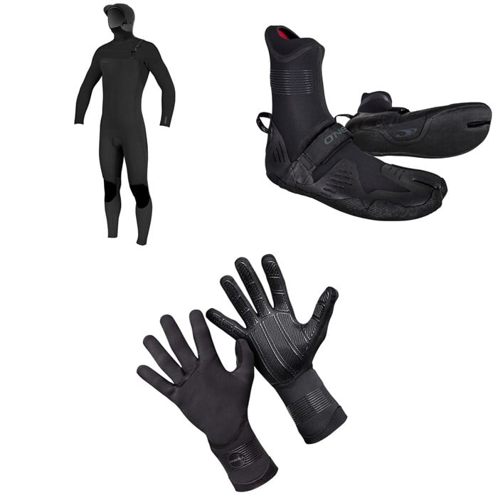 O'Neill - 4/3+ Hyperfreak Chest Zip Hooded Wetsuit + 3/2 Psycho Tech Split Toe Wetsuit Boots + 1.5mm Psycho Tech Gloves