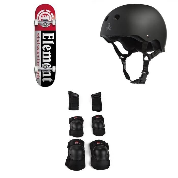 Element - Section 7.75 Skateboard Complete + Triple 8 Sweatsaver Liner Skateboard Helmet + Little Tricky Jr. 3 Pack Skateboard Pad Set