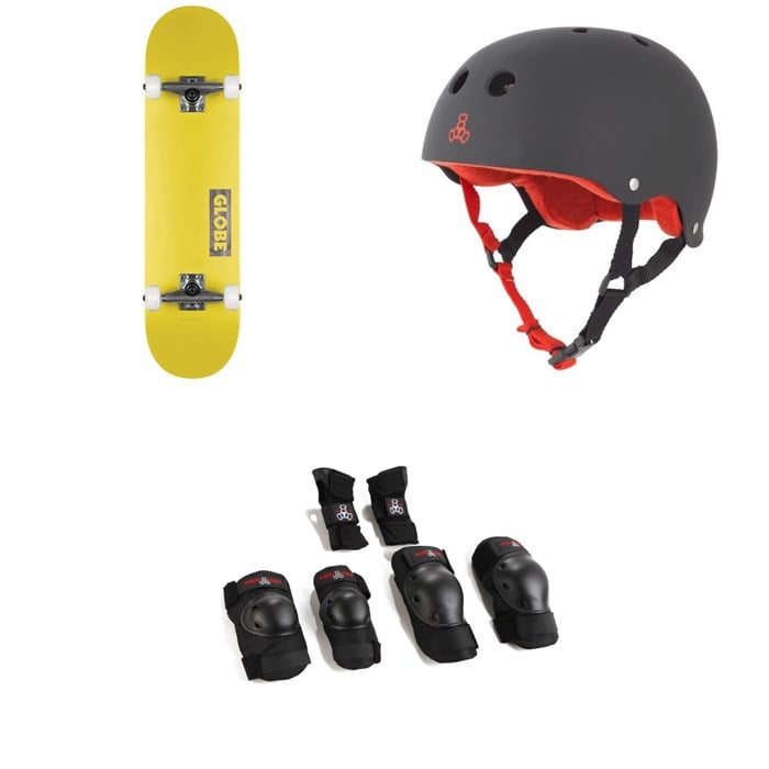 Globe - Goodstock Skateboard Complete + Triple 8 Sweatsaver Liner Skateboard Helmet + Saver Series High Impact Jr Pad Set