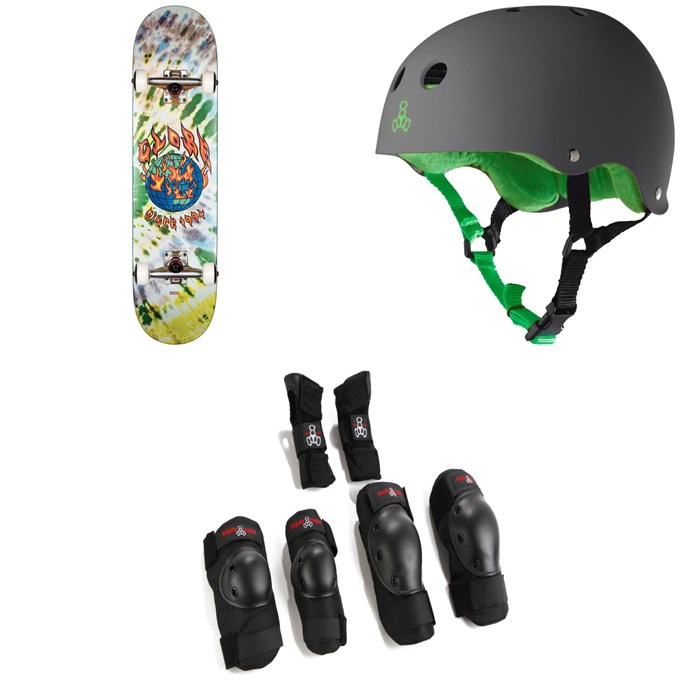 Globe - G1 Ablaze 7.75 Skateboard Complete + Triple 8 Sweatsaver Liner Skateboard Helmet + Saver Series High Impact Jr Skateboard Pad Set