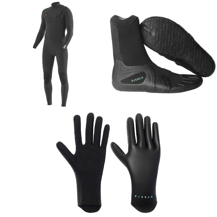 Vissla - 7 Seas 4/3 Chest Zip Wetsuit + 7 Seas 3mm Split Toe Wetsuit Boots + 1.5mm High Seas Wetsuit Gloves