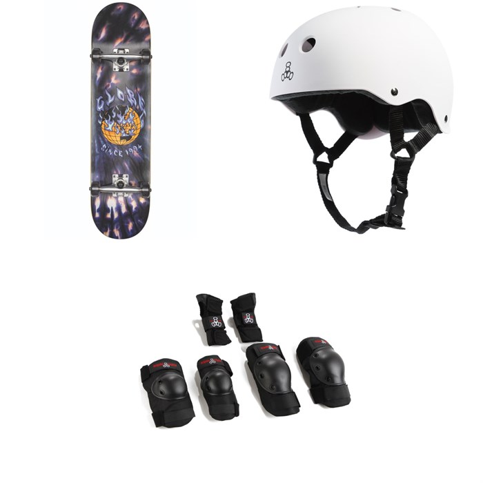 Globe - G1 Ablaze 8.0 Skateboard Complete + Triple 8 Sweatsaver Liner Skateboard Helmet + Saver Series High Impact Adult Skateboard Pad Set