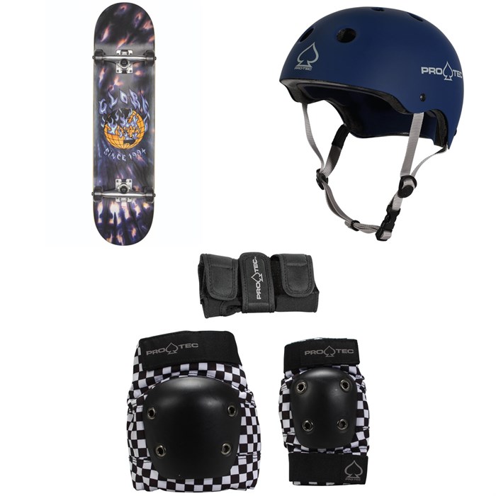 Globe - G1 Ablaze 8.0 Skateboard Complete + Pro-Tec The Classic Certified EPS Skateboard Helmet + Street Gear Junior Skateboard Padset
