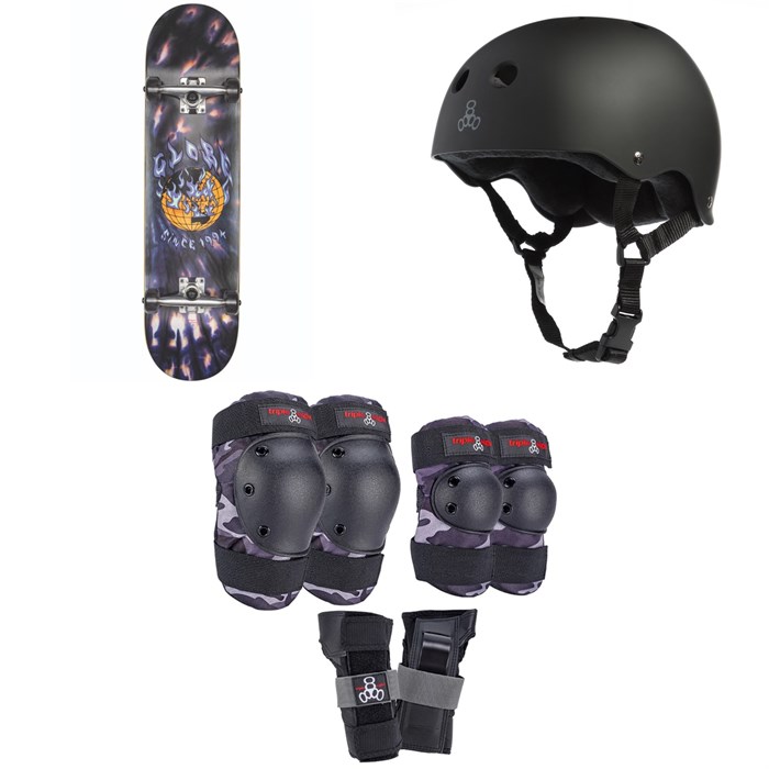 Globe - G1 Ablaze 8.0 Skateboard Complete + Triple 8 Sweatsaver Liner Skateboard Helmet + Saver Series Color Collection Skateboard Pad Set