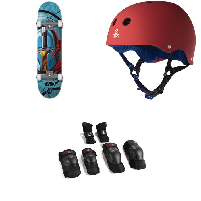 Element - Star Wars Mando 7.75 Skateboard Complete + Triple 8 Sweatsaver Liner Skateboard Helmet + Saver Series High Impact Jr Pad Set