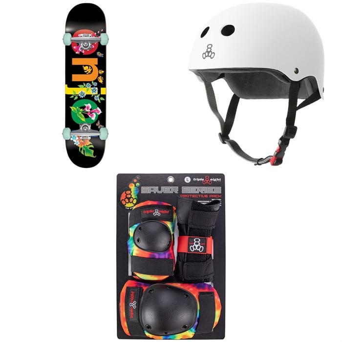Enjoi - Flowers Resin Premium 8.0 Skateboard Complete + Triple 8 The Certified Sweatsaver Skateboard Helmet + Saver Series Color Collection Skateboard Pad Set