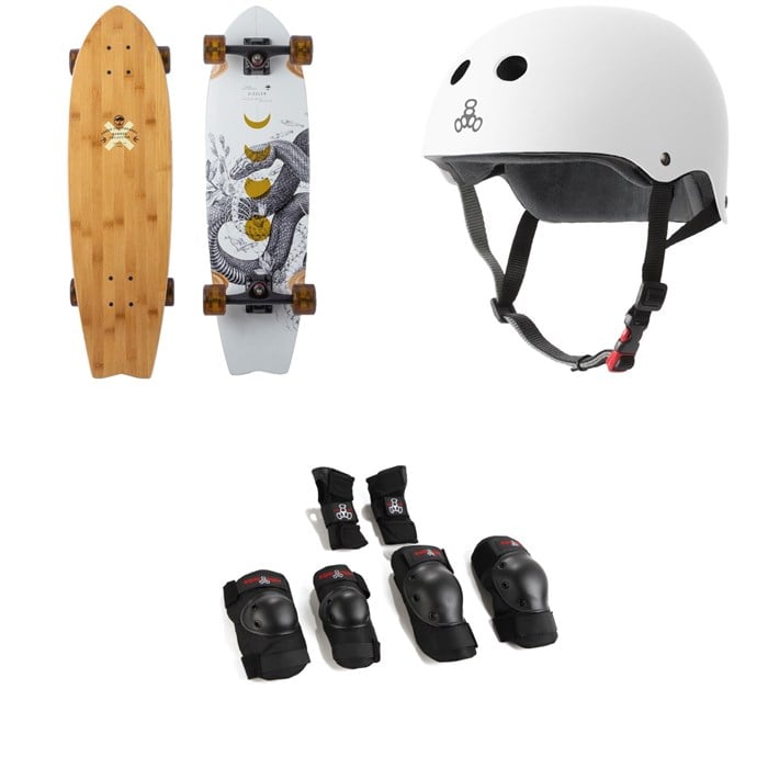 Arbor - Sizzler Bamboo Longboard Complete + Triple 8 The Certified Sweatsaver Skateboard Helmet + Saver Series High Impact Skateboard Pad Set