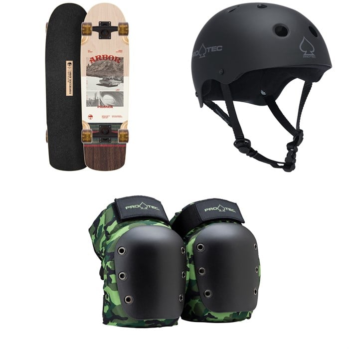 Arbor - Arbor Pilsner Photo Cruiser Skateboard Complete + Pro-Tec The Classic Certified EPS Skateboard Helmet + Street Open Back Skateboard Knee Pads