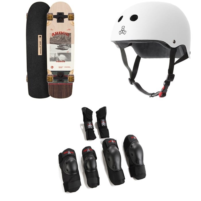 Arbor - Arbor Pilsner Photo Cruiser Skateboard Complete + Triple 8 The Certified Sweatsaver Skateboard Helmet + Saver Series High Impact 3 Pack Skateboard Pad Set