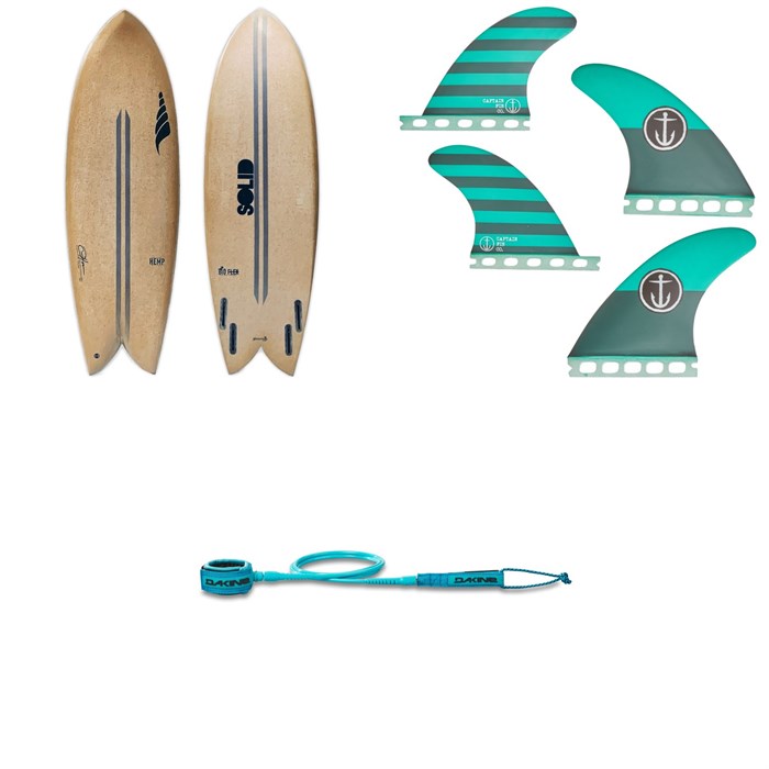 Solid Surf Co - Throwback Surfboard + Captain Fin CF Medium Single Tab Quad Fin Set + Dakine Kainui Team 6' Leash