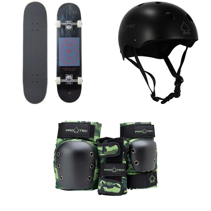 Arbor - Whiskey 7.75 Recruit Skateboard Complete + Pro-Tec Classic Skate Skateboard Helmet + Street Gear Junior Open Back Skateboard Pads