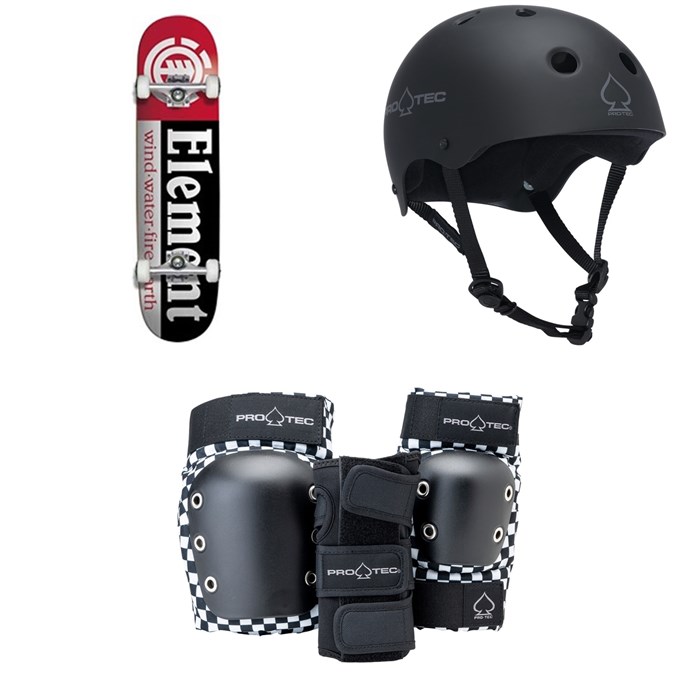 Element - Section 7.75 Skateboard Complete + Pro-Tec The Classic Certified EPS Skateboard Helmet + Street Gear Junior Open Back Skateboard Pads