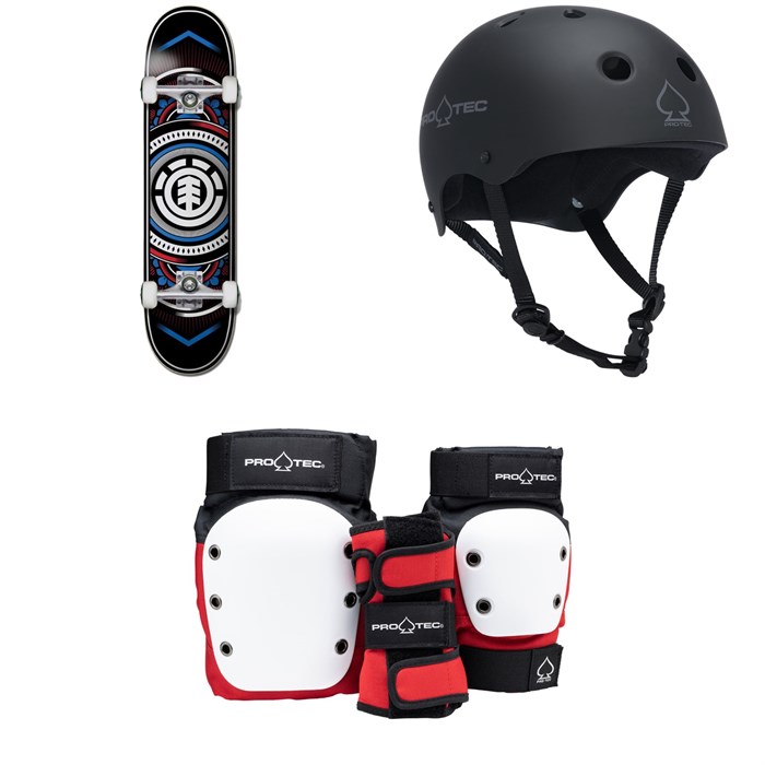 Element - Element Hatched Red Blue 7.75 Skateboard Complete + Pro-Tec The Classic Certified EPS Skateboard Helmet + Street Gear Junior Open Back Skateboard Pads