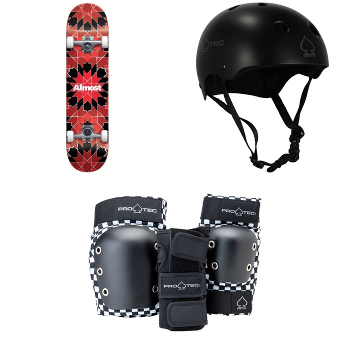Almost - Tile Pattern FP 7.75 Skateboard Complete + Pro-Tec Classic Skate Skateboard Helmet + Street Gear Junior Open Back Skateboard Pads