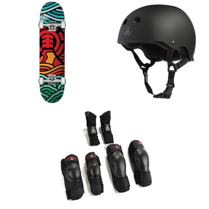 Element - Volcanic 7.75 Skateboard Complete + Triple 8 Sweatsaver Liner Skateboard Helmet + Saver Series High Impact 3 Pack Skateboard Pad Set