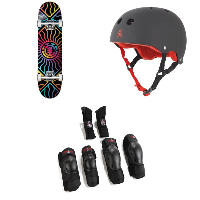 Element - Solar Vibes 7.75 Skateboard Complete + Triple 8 Sweatsaver Liner Skateboard Helmet + Saver Series High Impact 3 Pack Skateboard Pad Set