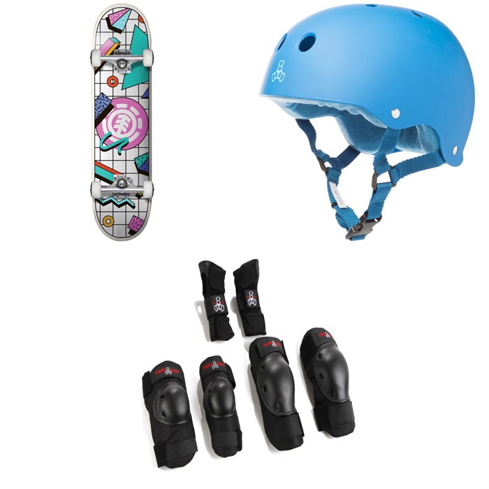Element - Off The Charts 7.75 Skateboard Complete + Triple 8 Sweatsaver Liner Skateboard Helmet + Saver Series High Impact 3 Pack Skateboard Pad Set