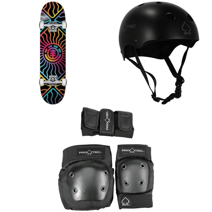 Element - Solar Vibes 7.75 Skateboard Complete + Pro-Tec Classic Skate Skateboard Helmet + Street Gear Junior Skateboard Pads