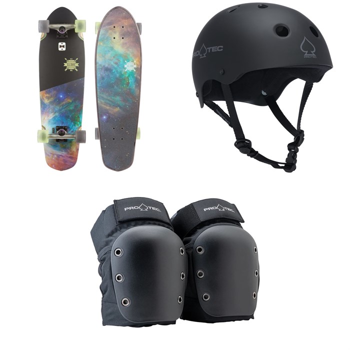 Globe - Big Blazer Darkside Cruiser Complete + Pro-Tec The Classic Certified EPS Skateboard Helmet + Street Open Back Skateboard Knee Pads