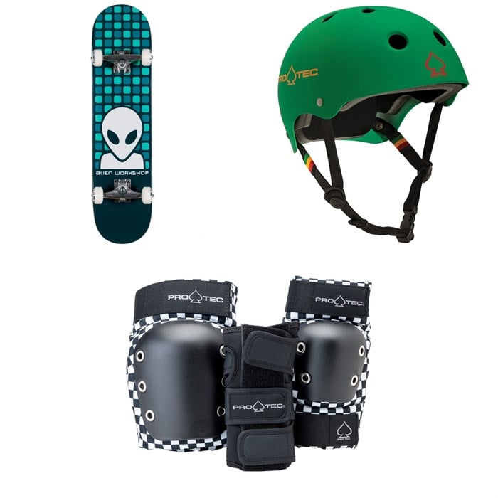 Alien Workshop - Matrix Blue Complete 7.75 Skateboard Complete + Pro-Tec Classic Skate Skateboard Helmet + Street Gear Junior Open Back Skateboard Pads