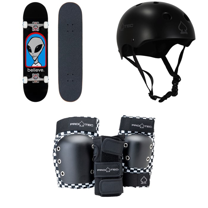 Alien Workshop - Believe Black Complete 7.75 Skateboard Complete + Pro-Tec Classic Skate Skateboard Helmet + Street Gear Junior Open Back Skateboard Pads