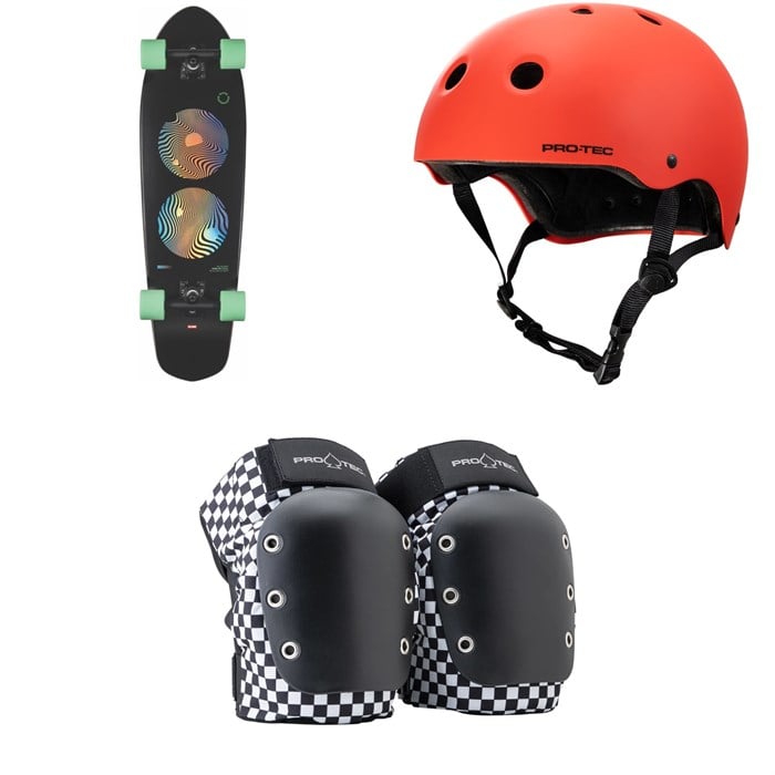 Globe - Globe Big Blazer Black Green Cruiser Complete + Pro-Tec The Classic Certified EPS Skateboard Helmet + Street Open Back Skateboard Knee Pads