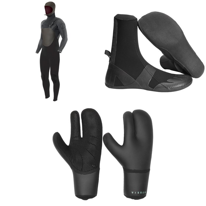 Vissla - 5/4 High Seas II Chest Zip Hooded Wetsuit + 5mm High Seas Round Toe Wetsuit Boots + 5mm 7 Seas Claw Wetsuit Gloves