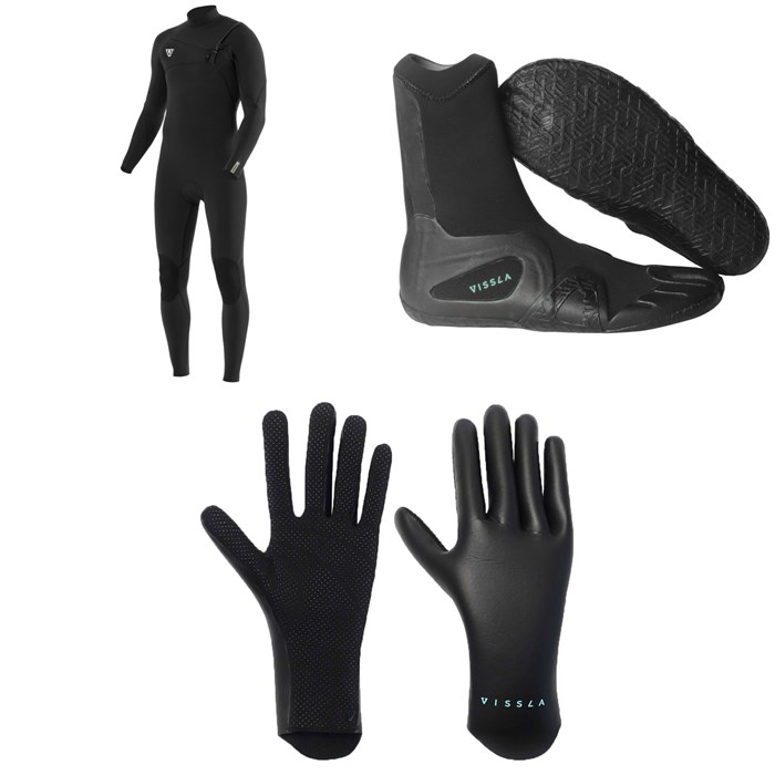 Vissla - 7 Seas 4/3 Comp Chest Zip Wetsuit + 3mm 7 Seas Split Toe Wetsuit Boots + 1.5mm High Seas Wetsuit Gloves