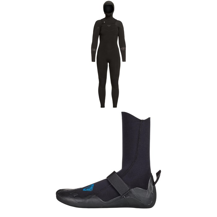Roxy - 5/4/3 Syncro Chest Zip GBS Hooded Wetsuit + 5mm Syncro Round Toe Wetsuit Boots - Women's