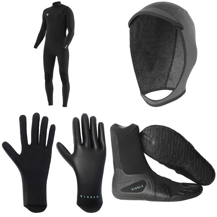 Vissla - 7 Seas 4/3 Comp Chest Zip Wetsuit + 3mm 7 Seas Wetsuit Hood + 1.5mm High Seas Wetsuit Gloves + 3mm 7 Seas Split Toe Wetsuit Boots
