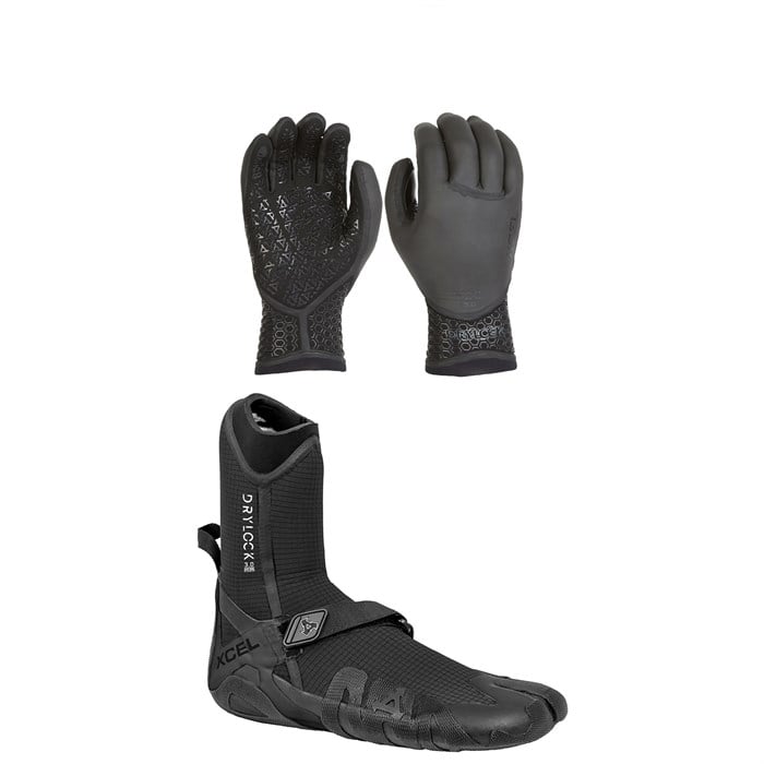 XCEL - 3mm Drylock Texture Skin 5-Finger Wetsuit Gloves + 3mm Drylock Split Toe Wetsuit Boots